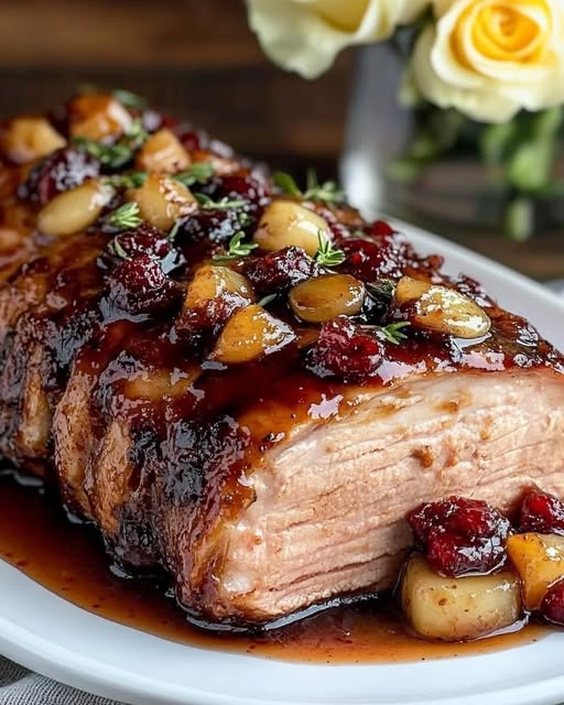 Cranberry Dijon Pork Loin Roast with Apple Cider Glaze – A Festive and Flavorful Roast! 🍎🍖