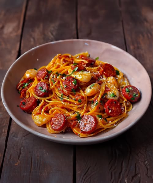 Titel: "Exquisite Spaghetti mit Pfeffercreme, Chorizo und Garnelen: Ein kulinarisches Meisterwerk für besondere Anlässe"