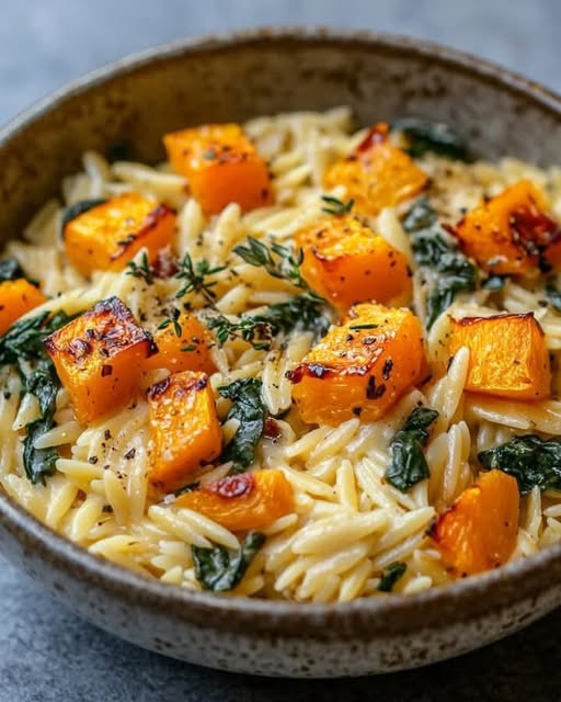 Cremiger Orzo mit geröstetem Butternusskürbis und Spinat – Ein herzhaftes, saisonales Comfort Food! 🎃🍝