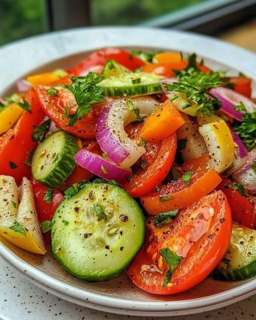 Marinierter Gurken-, Tomaten- und Zwiebelsalat: Ein erfrischender Sommergenuss