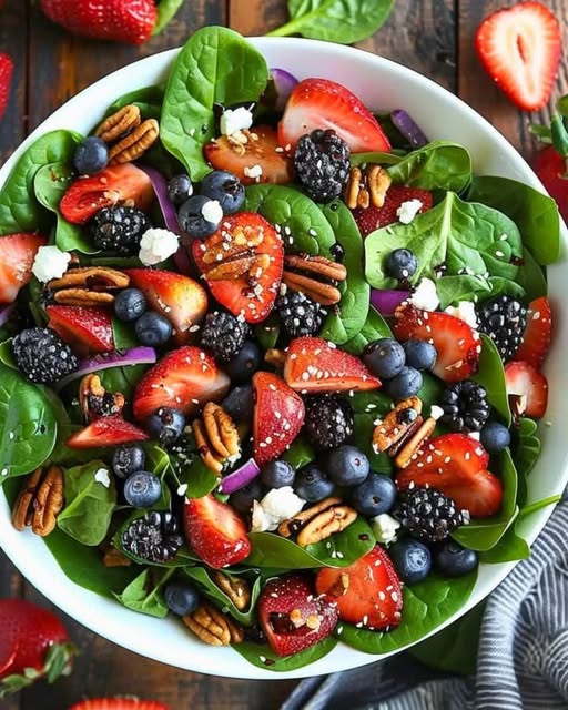 Beeren-Spinat-Salat mit Pekannüssen, Feta und Balsamico-Glasur: Ein frischer Genuss mit süßem Twist