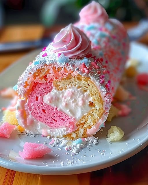 Leichte und lockere Biskuitrolle aus Zuckerwatte: Ein fantasievolles Dessert mit süßen Köstlichkeiten!