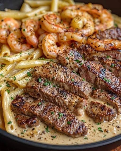 Wer liebt nicht eine Kombination aus zartem Steak, saftigen Garnelen und einer cremigen, reichhaltigen Alfredo-Sauce