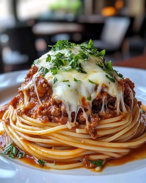 Käse-Spaghetti-Bolognese-Stapel: Schichten aus Geschmack und Komfort