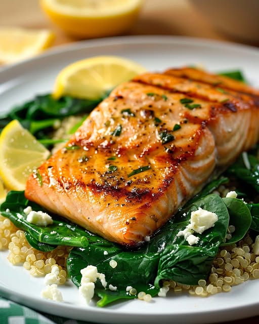 Gesunder gegrillter Lachs mit Quinoa und Spinat: Eine nahrhafte und schmackhafte Mahlzeit