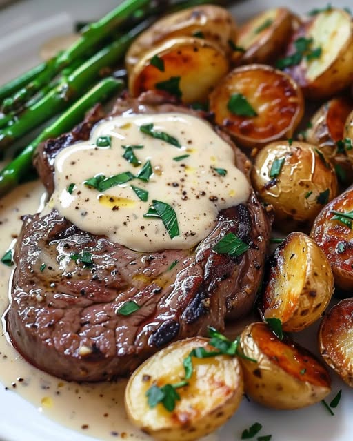 Steak mit cremiger Knoblauch-Parmesan-Sauce und Bratkartoffeln: Eine perfekt herzhafte Kombination