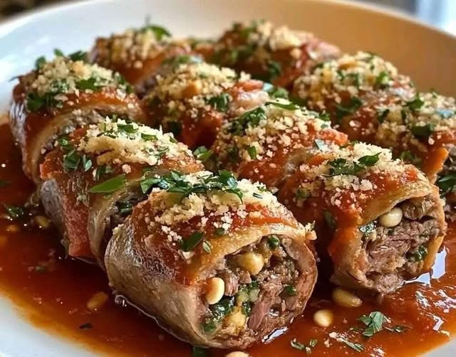 Gesunde italienische gefüllte Rinderrouladen (Braciole) in Tomatensauce