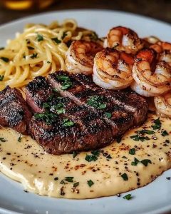 Scharfes Blackened Steak mit Shrimps Alfredo: Ein kulinarisches Feuerwerk