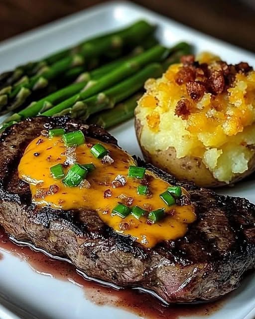 Gegrilltes Steak mit zweimal gebackenen Kartoffeln, Cheddarkäse und geröstetem Spargel