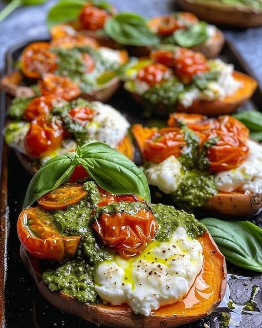 Gefüllte Süßkartoffel mit Burrata und Pesto