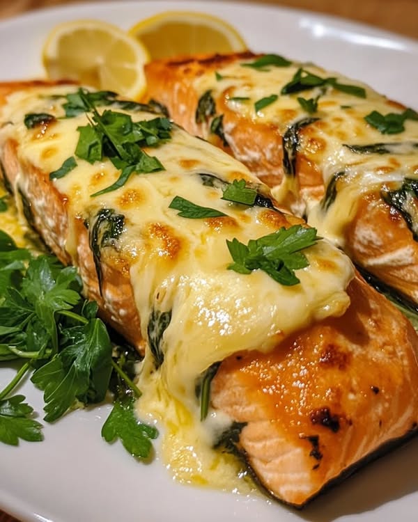 Lachs mit Käse und Knoblauchbutter auf Spinat – Ein köstliches, cremiges Gericht