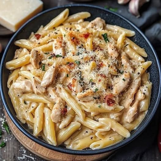 Penne-Nudeln mit Knoblauchparmesan und cremigem Hühnchen: Ein genussvolles Pasta-Erlebnis